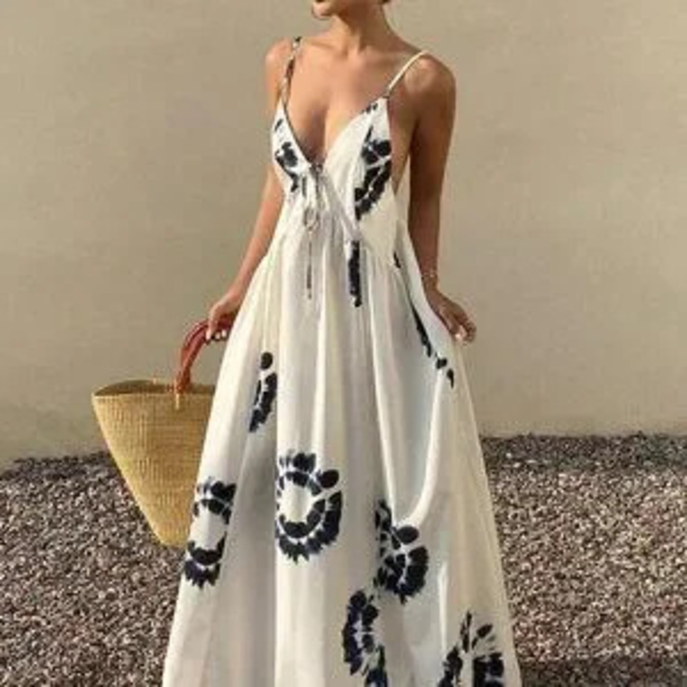 ZARA Beige Boho Women's Full Floral Print Spaghetti Strap Dress